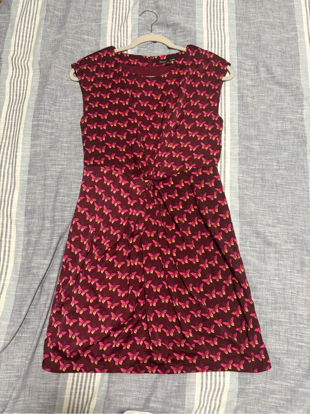 Cap-Sleeve Burgundy Dress with Pink Butterfly Print